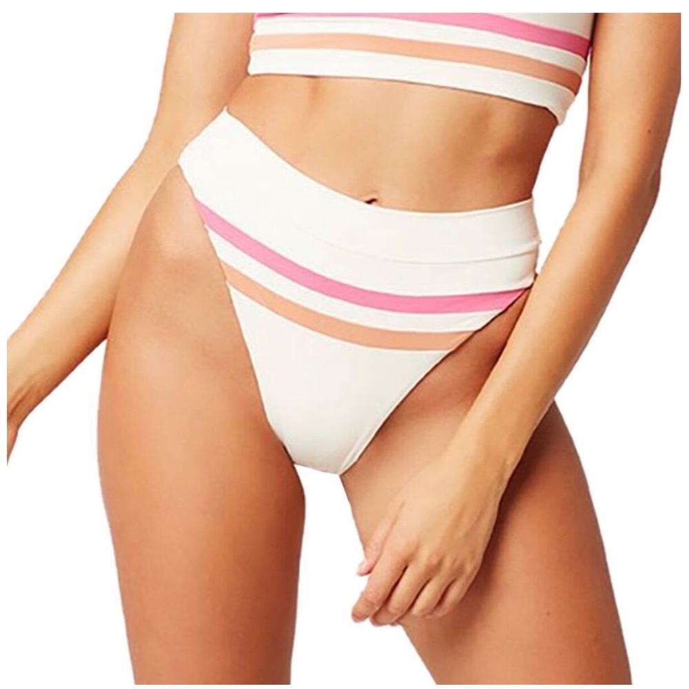 L Space Wilson Bitsy Bikini Bottom Cream Pink Orange Striped High Rise Size XS